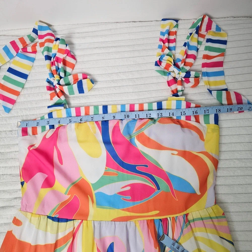 Flying Tomato Tea Party Woven Maxi Dress Womens L Rainbow Tie Shoulder Tiered - Picture 4 of 14